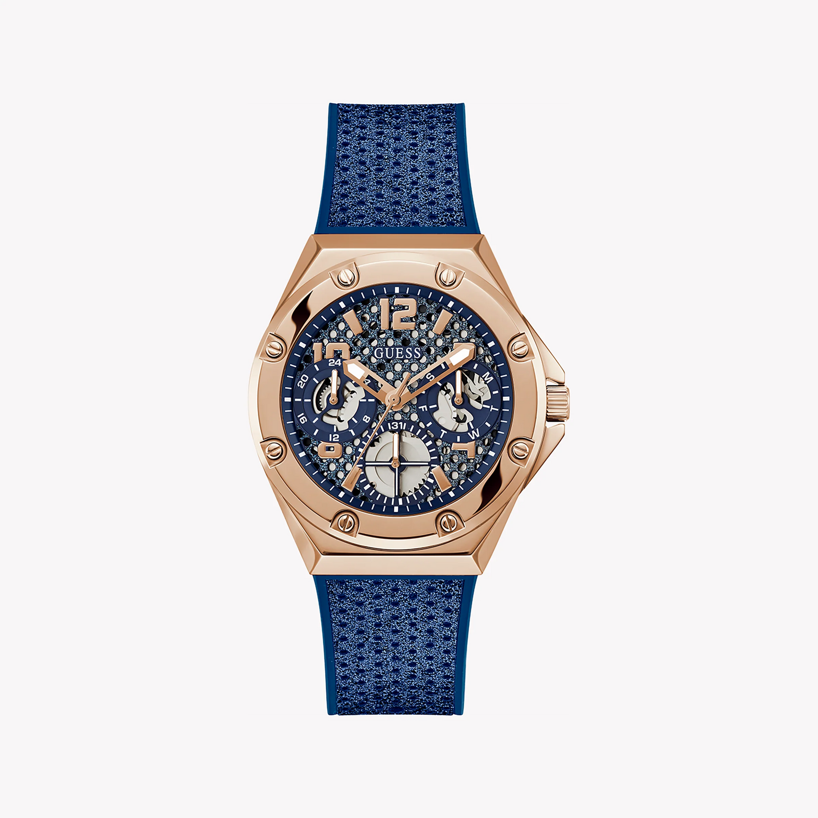 GUESS GW0620L3 ROSE GOLD RADIANCE - STUNNING BLUE LEATHER TIMEPIECE FOR THE MODERN WOMAN