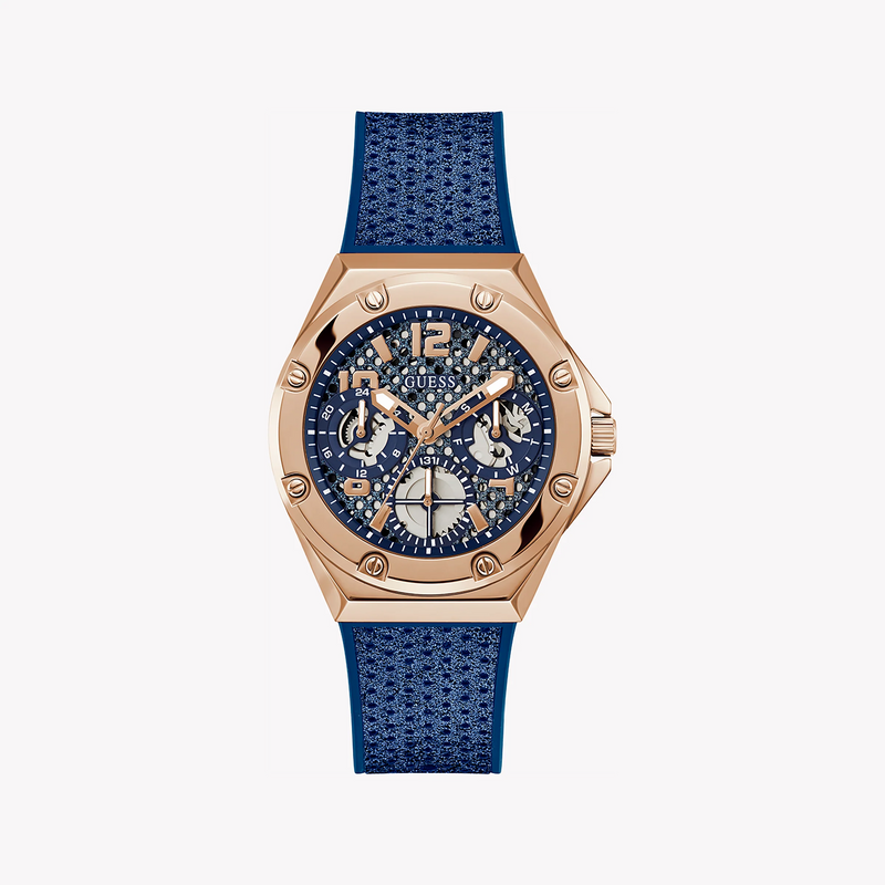 GUESS GW0620L3 ROSE GOLD RADIANCE - STUNNING BLUE LEATHER TIMEPIECE FOR THE MODERN WOMAN