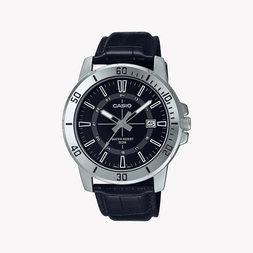 Casio Men's Black Leather Watch, Stainless Steel Case | Mtp-Vd01l-1cv by i-watch