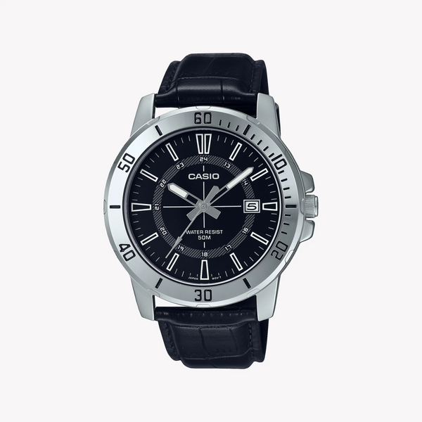 Casio Men's Black Leather Watch, Stainless Steel Case | Mtp-Vd01l-1cv by i-watch
