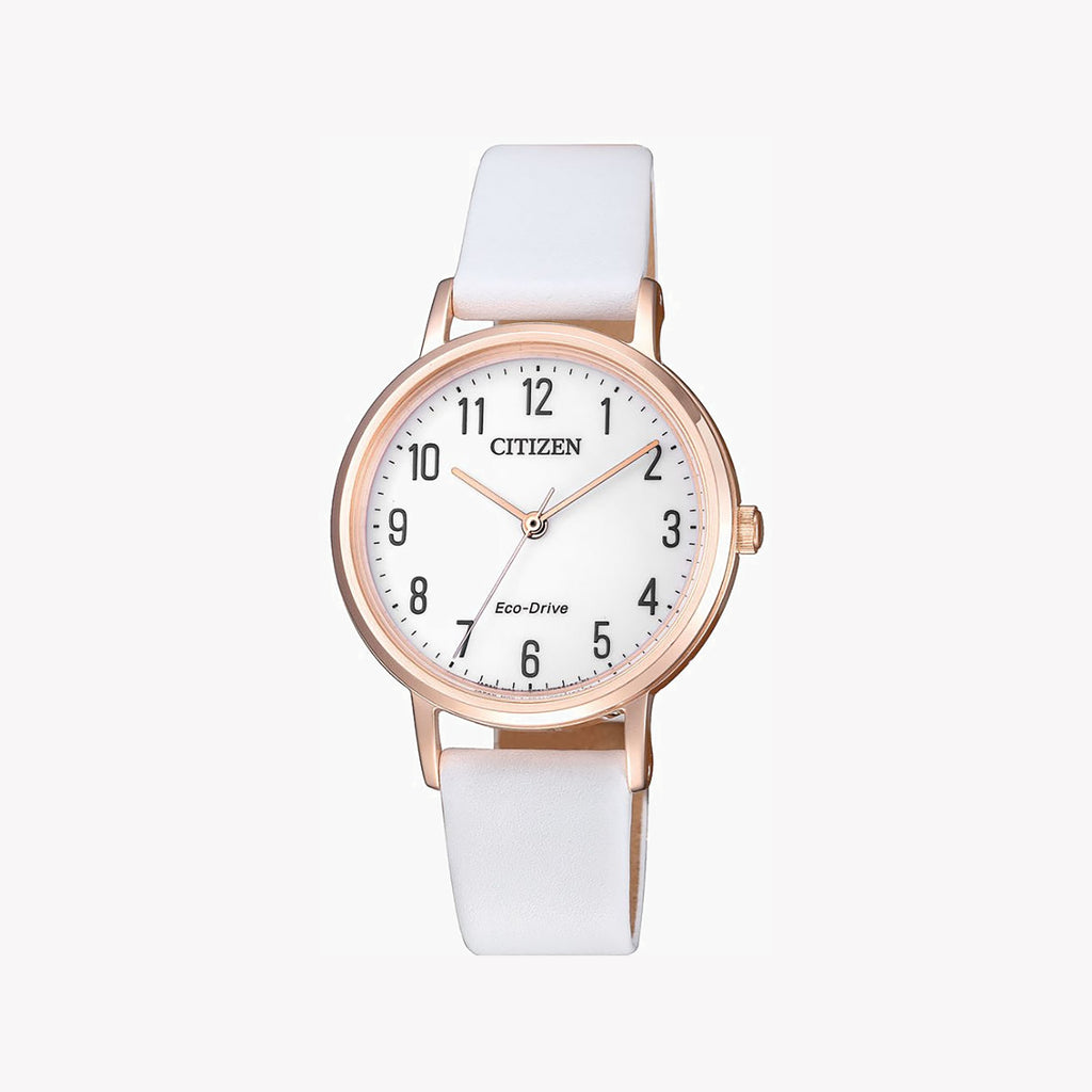 CITIZEN EM0579-14A ROSE GOLD ELEGANCE - CHIC WOMEN'S WATCH with White Leather Band & Eco-Drive Technology