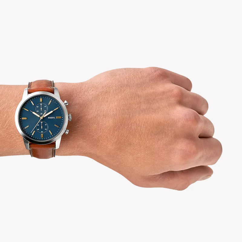 Fossil Men's Silver & Brown Leather Watch, Blue Dial | Fs5279 by i-watch