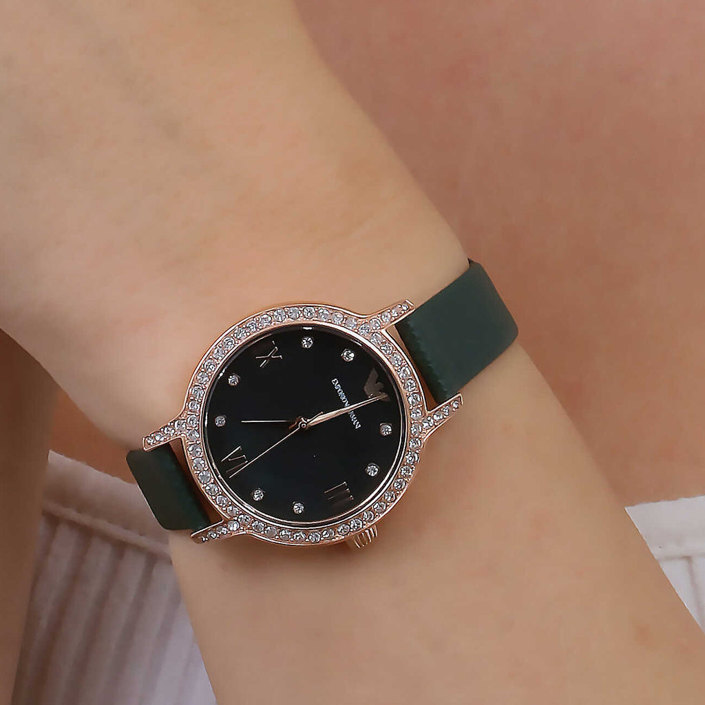 EMPORIO ARMANI Women's Watch with Rose Gold Stainless Steel Case and Green Leather Band-i-Watch-4