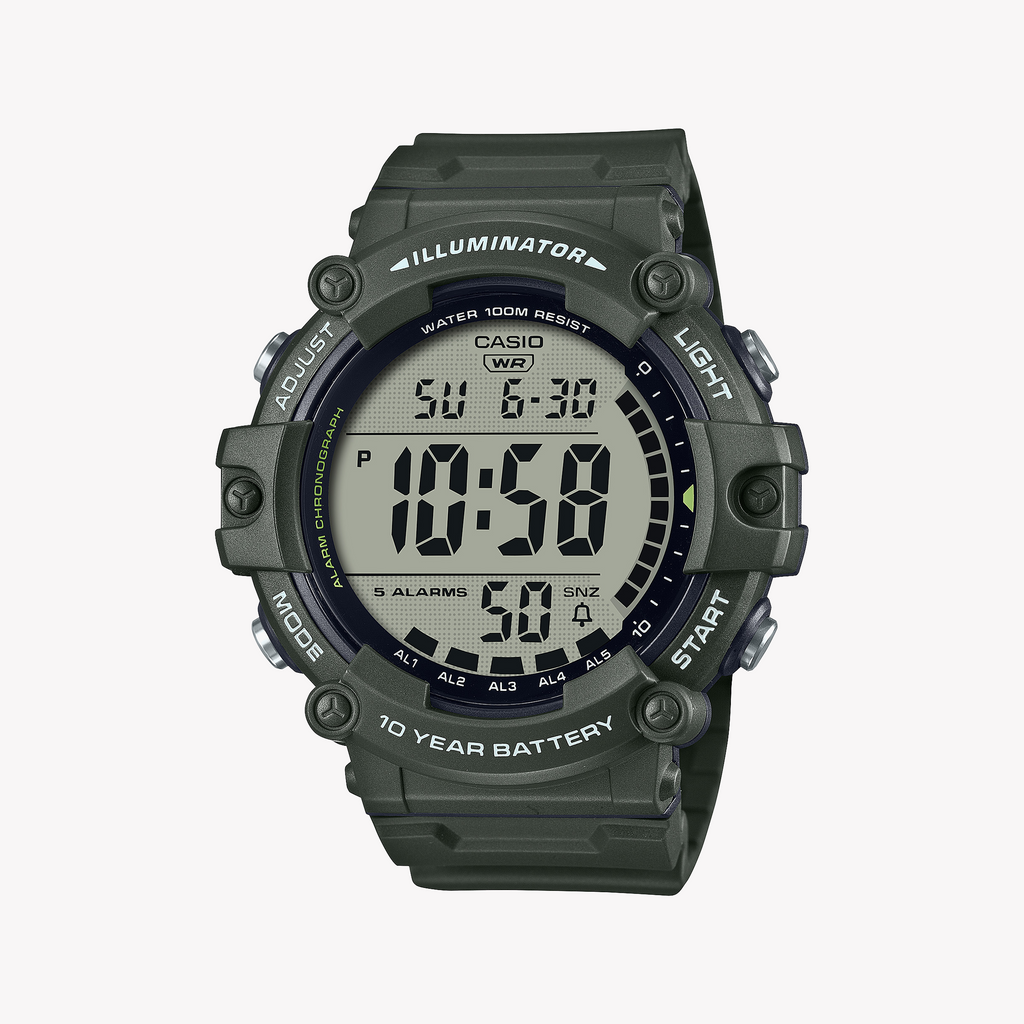 CASIO AE-1500WHX-3AVDF SPORTY ADVENTURER - MONTRE POUR HOMMES AVEC BANDE EN RÉSINE VERTE AUDACIEUX ET AFFICHAGE NUMÉRIQUE