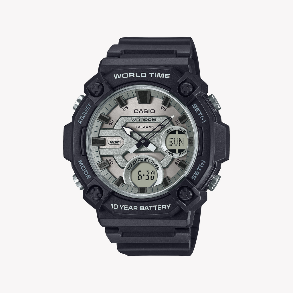 CASIO Men's Black Resin Watch, Silver Dial | AEQ-120W-7AVDF