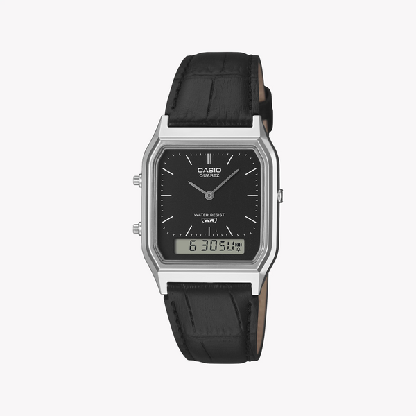 CASIO Unisex Leather Black & Silver | AQ-230EL-1AEF Watch