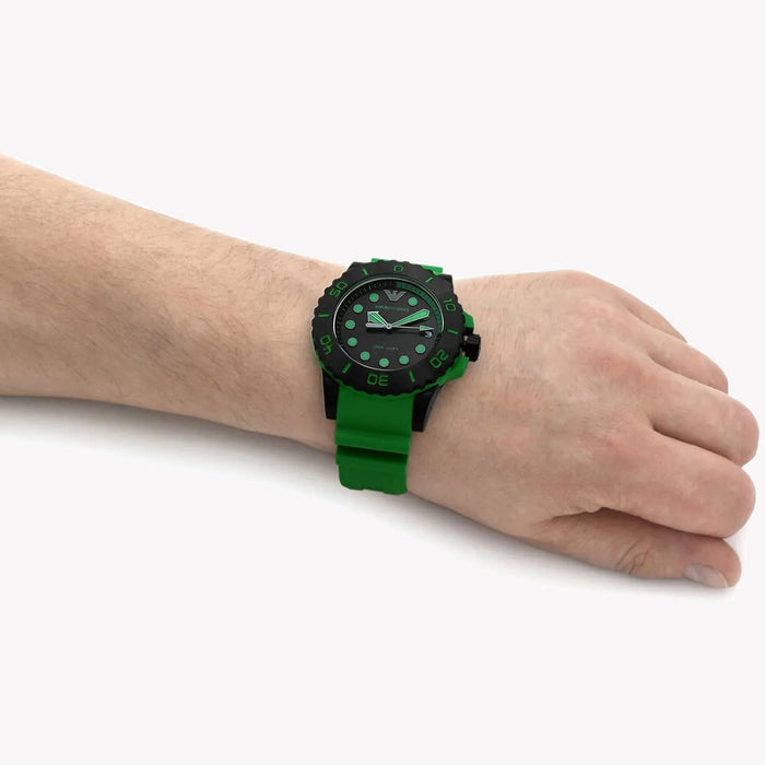 Emporio Armani Men's Watch Acqua AR11440 with Green Rubber Strap and Black Mother of Pearl Dial