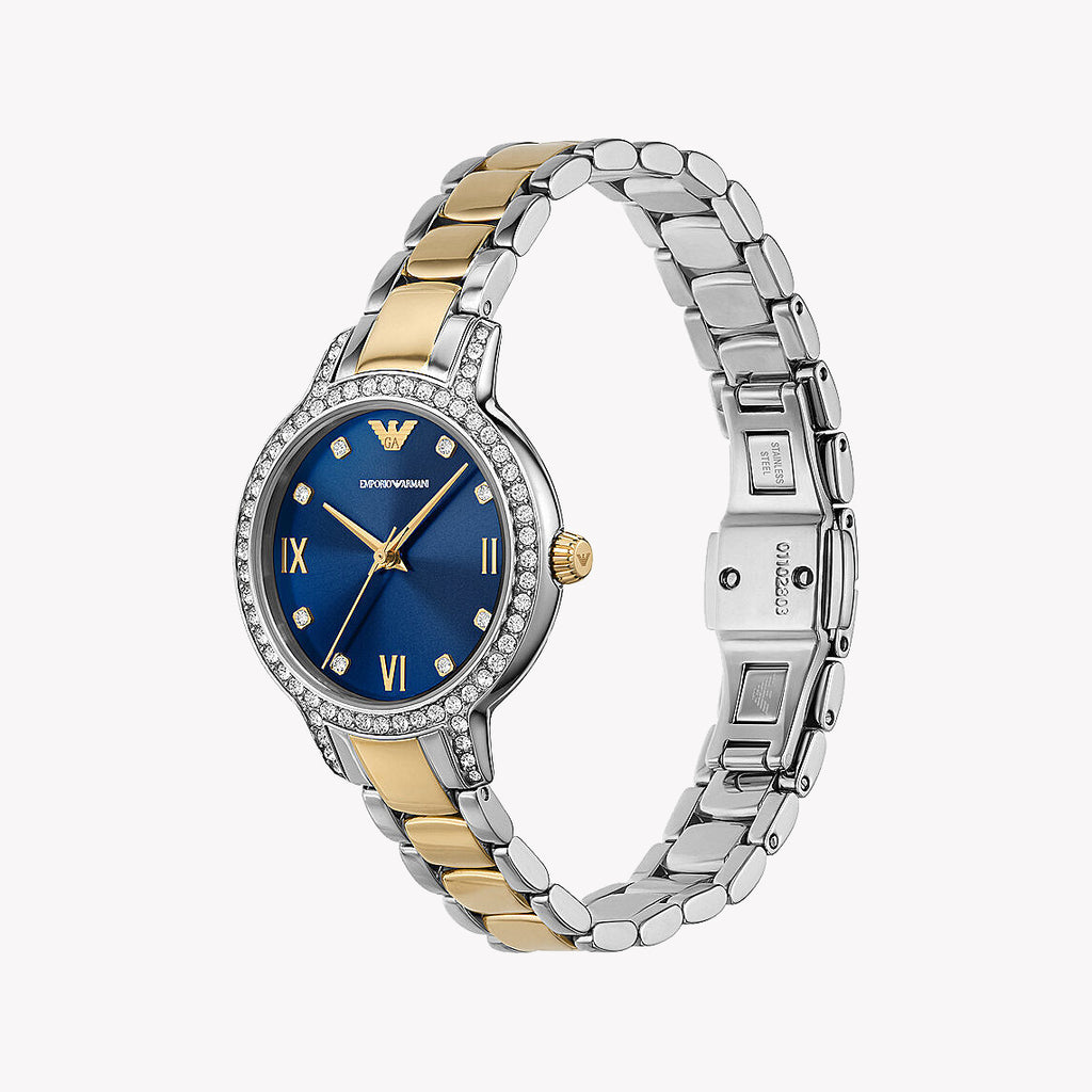 ساعة إمبوريو أرماني للسيدات بهيكل فضي من الستانلس ستيل وسوار من الستانلس ستيل باللون الفضي/الذهبي