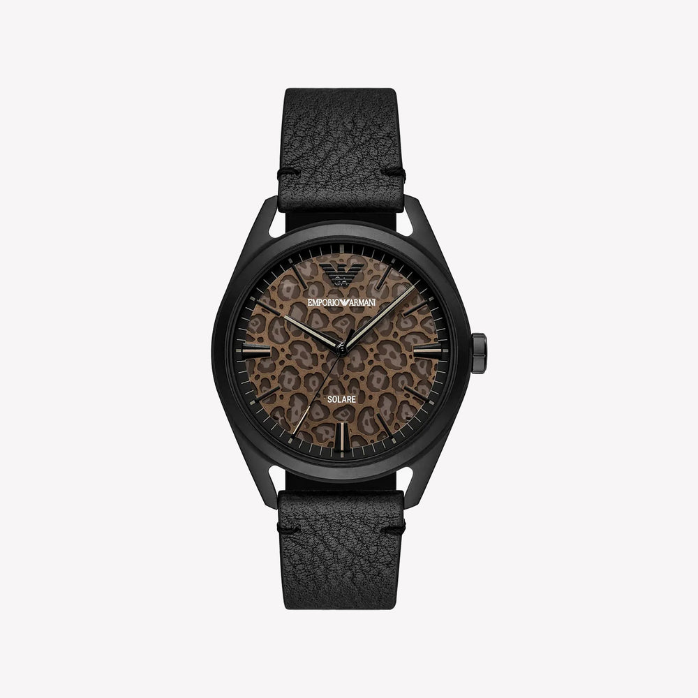 Emporio Armani Solar-Powered Three-Hand Black Leather Watch