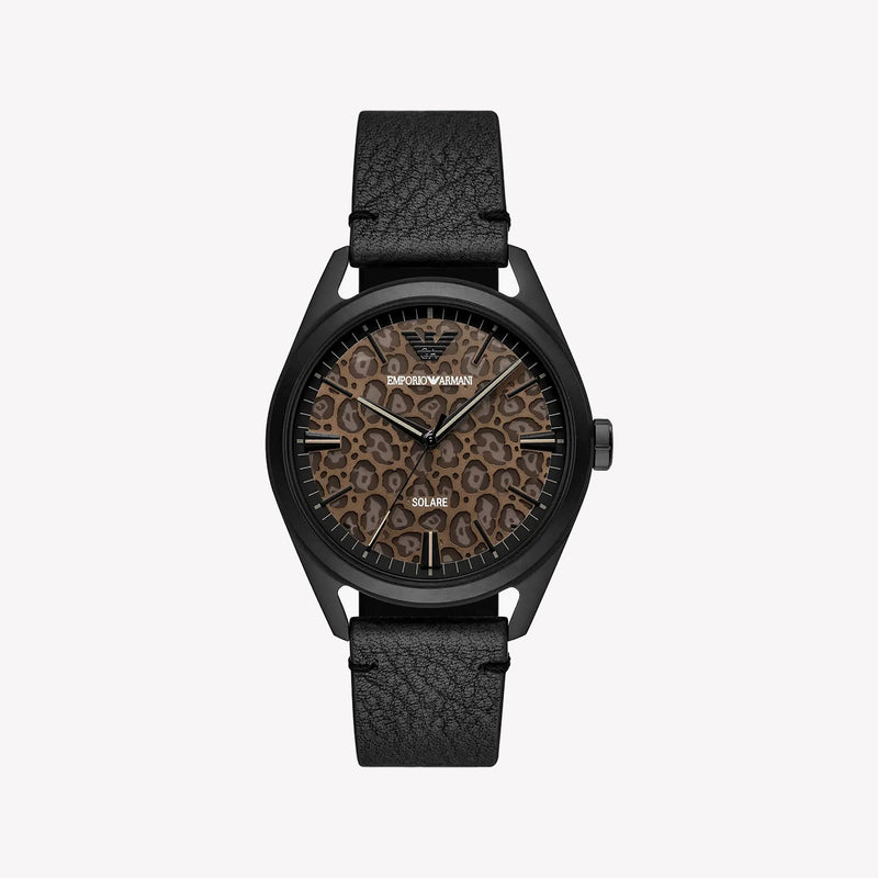 Emporio Armani Solar-Powered Three-Hand Black Leather Watch