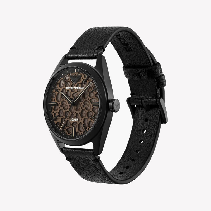 Emporio Armani Solar-Powered Three-Hand Black Leather Watch