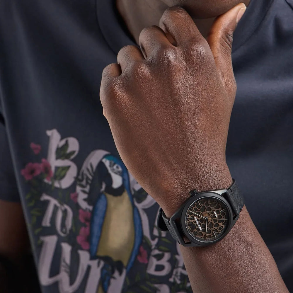 Emporio Armani Solar-Powered Three-Hand Black Leather Watch