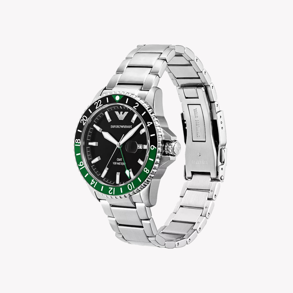 إمبوريو أرماني AR11589 - ساعة جريئة أنيقة للرجال بميناء أسود مذهل ولمسة نهائية فضية