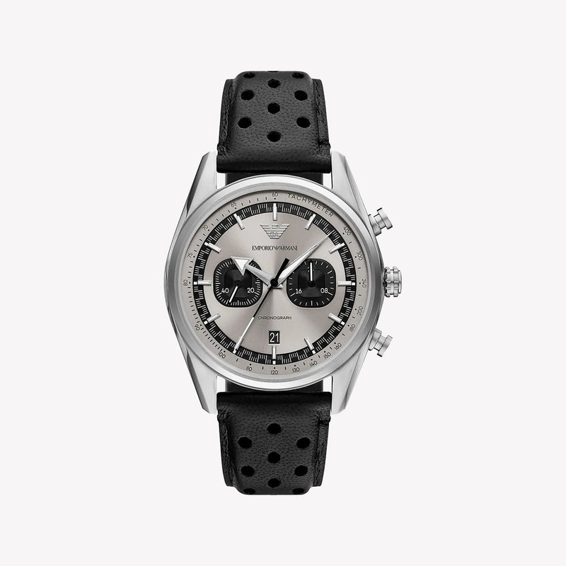 Emporio Armani Chronograph Grey Dial Black Leather Men's Watch