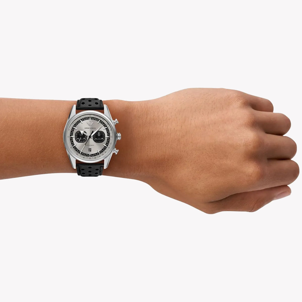 Emporio Armani Chronograph Grey Dial Black Leather Men's Watch