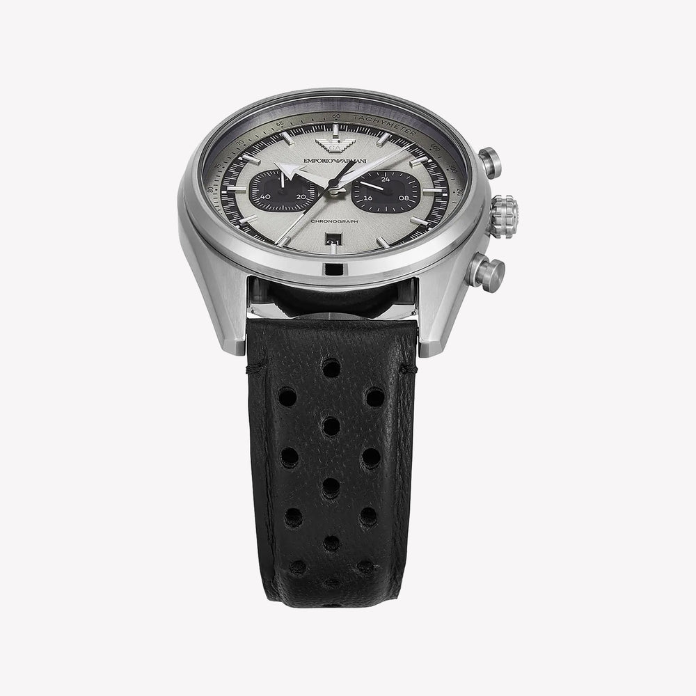 Emporio Armani Chronograph Grey Dial Black Leather Men's Watch