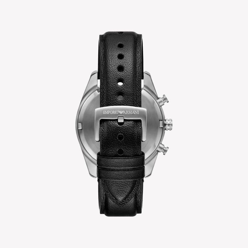 Emporio Armani Chronograph Grey Dial Black Leather Men's Watch
