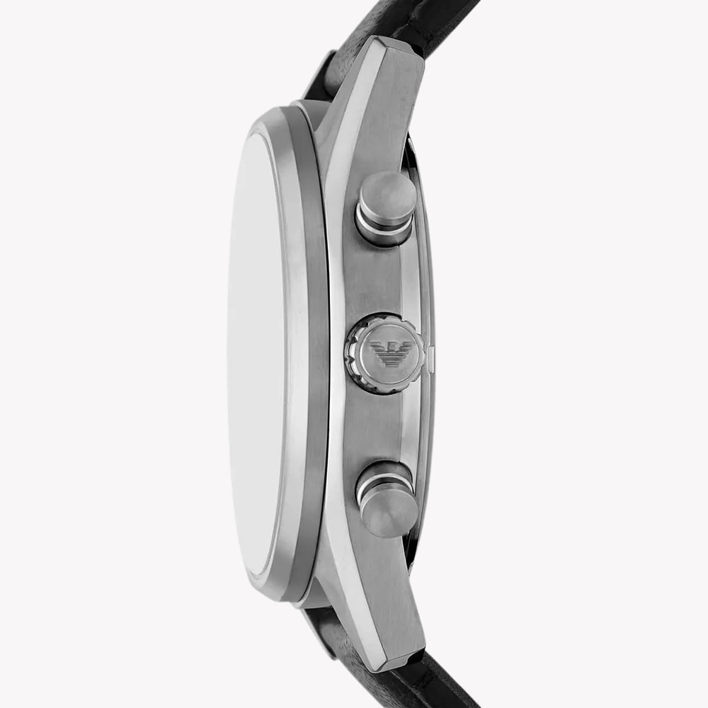 Emporio Armani Chronograph Grey Dial Black Leather Men's Watch