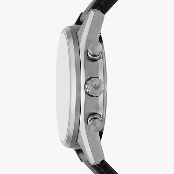 Emporio Armani Chronograph Grey Dial Black Leather Men's Watch