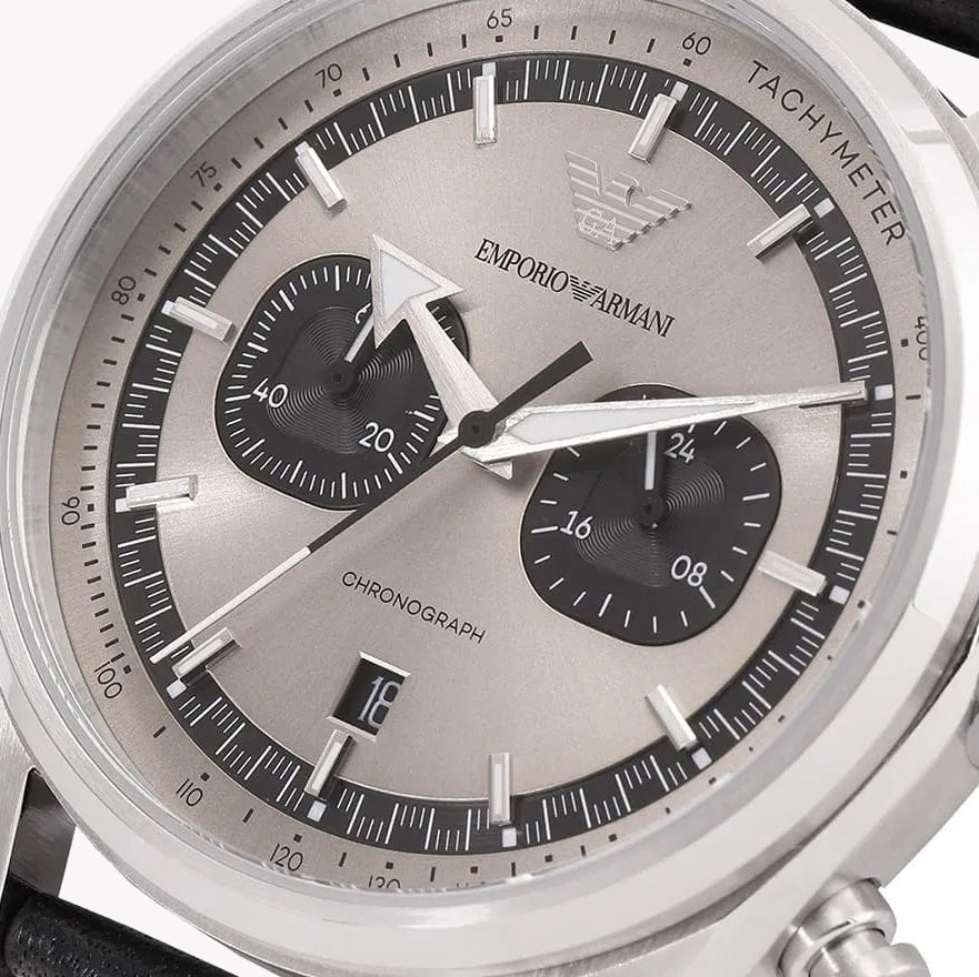 Emporio Armani Chronograph Grey Dial Black Leather Men's Watch