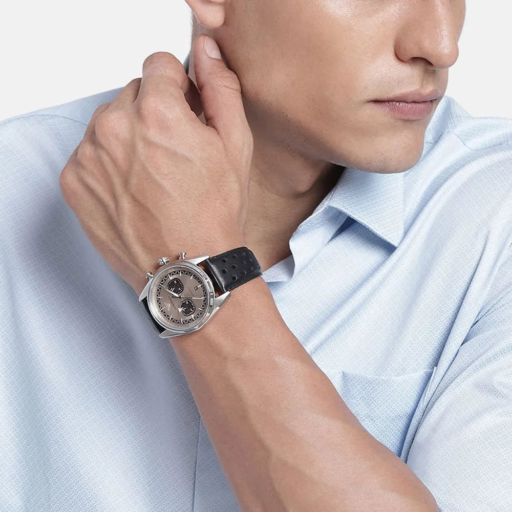 Emporio Armani Chronograph Grey Dial Black Leather Men's Watch