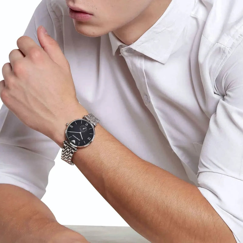 Emporio Armani Retro Black Dial Silver Stainless Steel Men's Watch AR1676