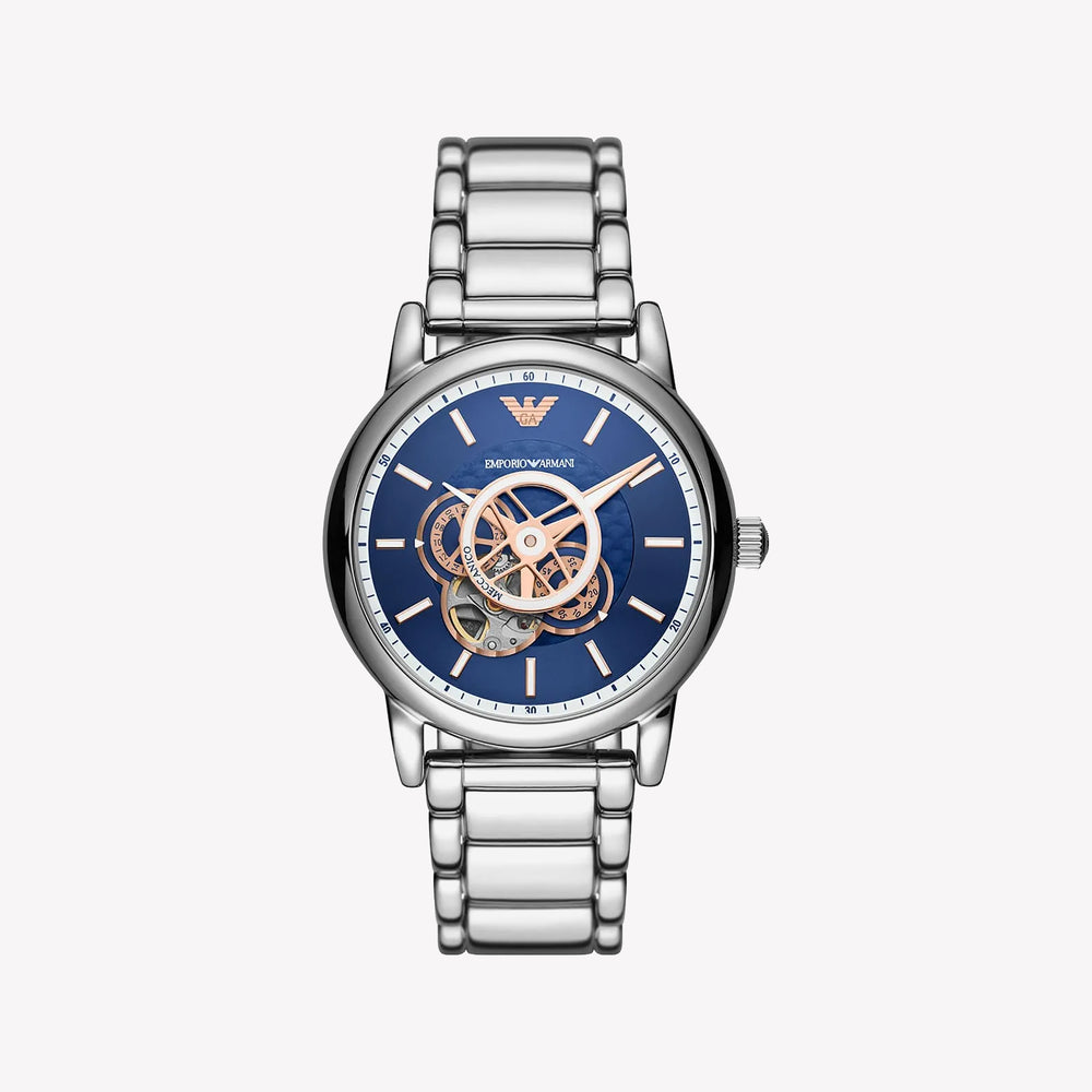 Emporio Armani Luigi Chronograph Skeleton Blue Dial Silver Steel Strap Watch For Men