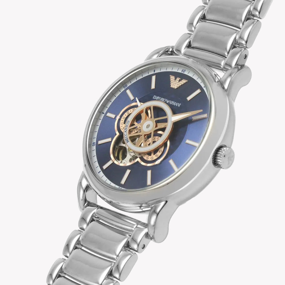 Emporio Armani Luigi Chronograph Skeleton Blue Dial Silver Steel Strap Watch For Men