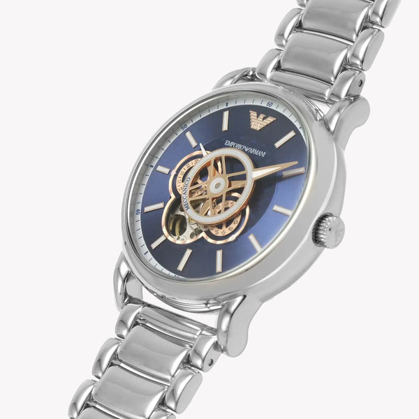 Emporio Armani Luigi Chronograph Skeleton Blue Dial Silver Steel Strap Watch For Men