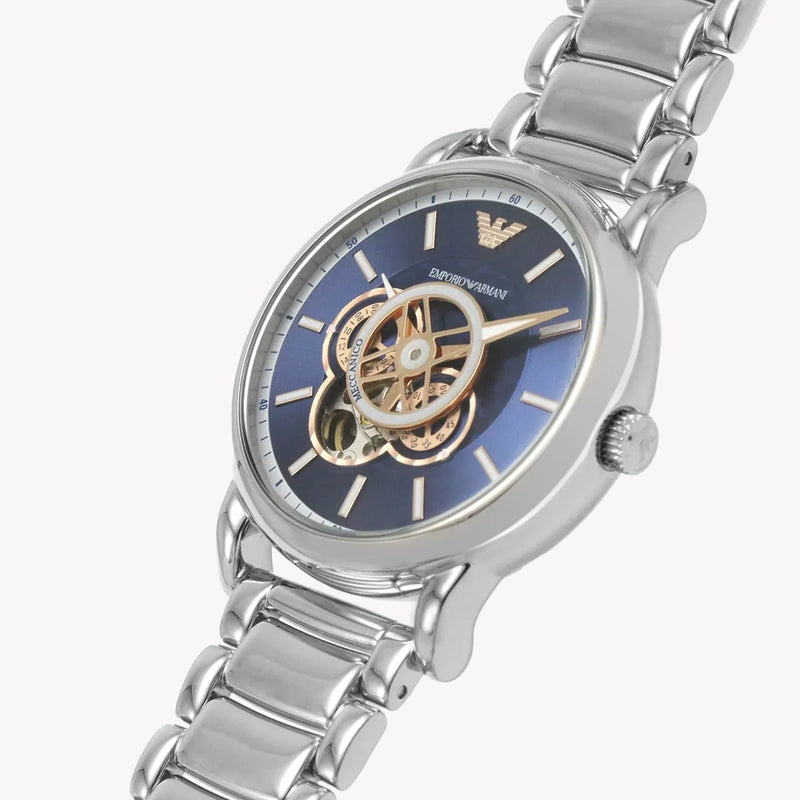 Emporio Armani Luigi Chronograph Skeleton Blue Dial Silver Steel Strap Watch For Men