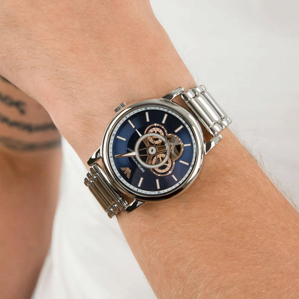 Emporio Armani Luigi Chronograph Skeleton Blue Dial Silver Steel Strap Watch For Men