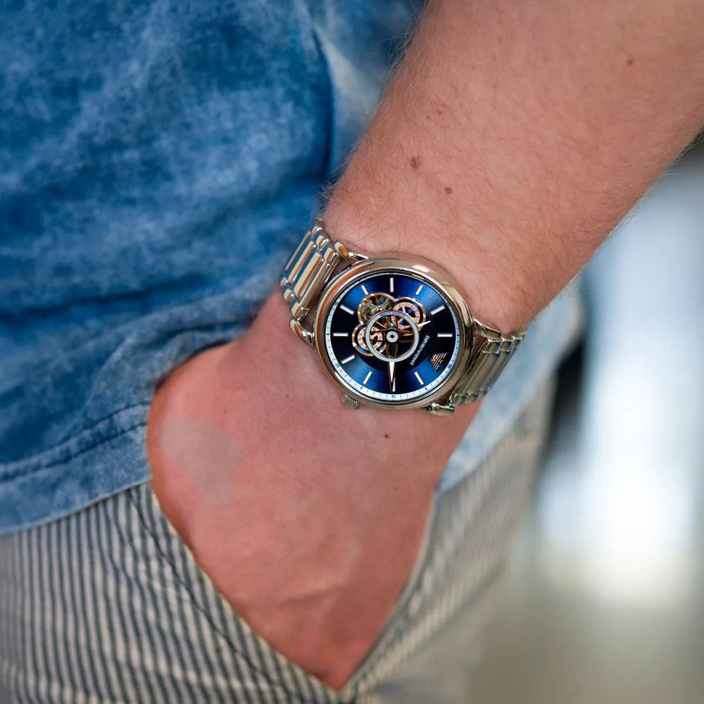Emporio Armani Luigi Chronograph Skeleton Blue Dial Silver Steel Strap Watch For Men