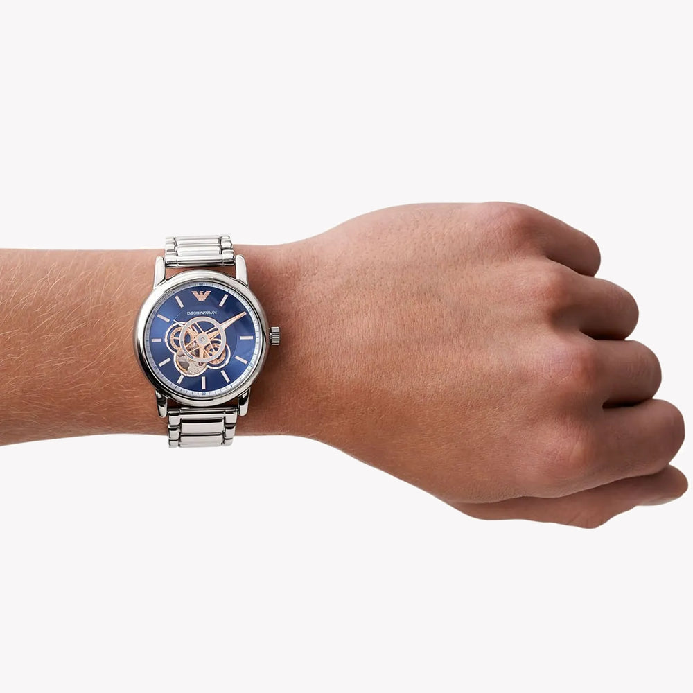 Emporio Armani Luigi Chronograph Skeleton Blue Dial Silver Steel Strap Watch For Men