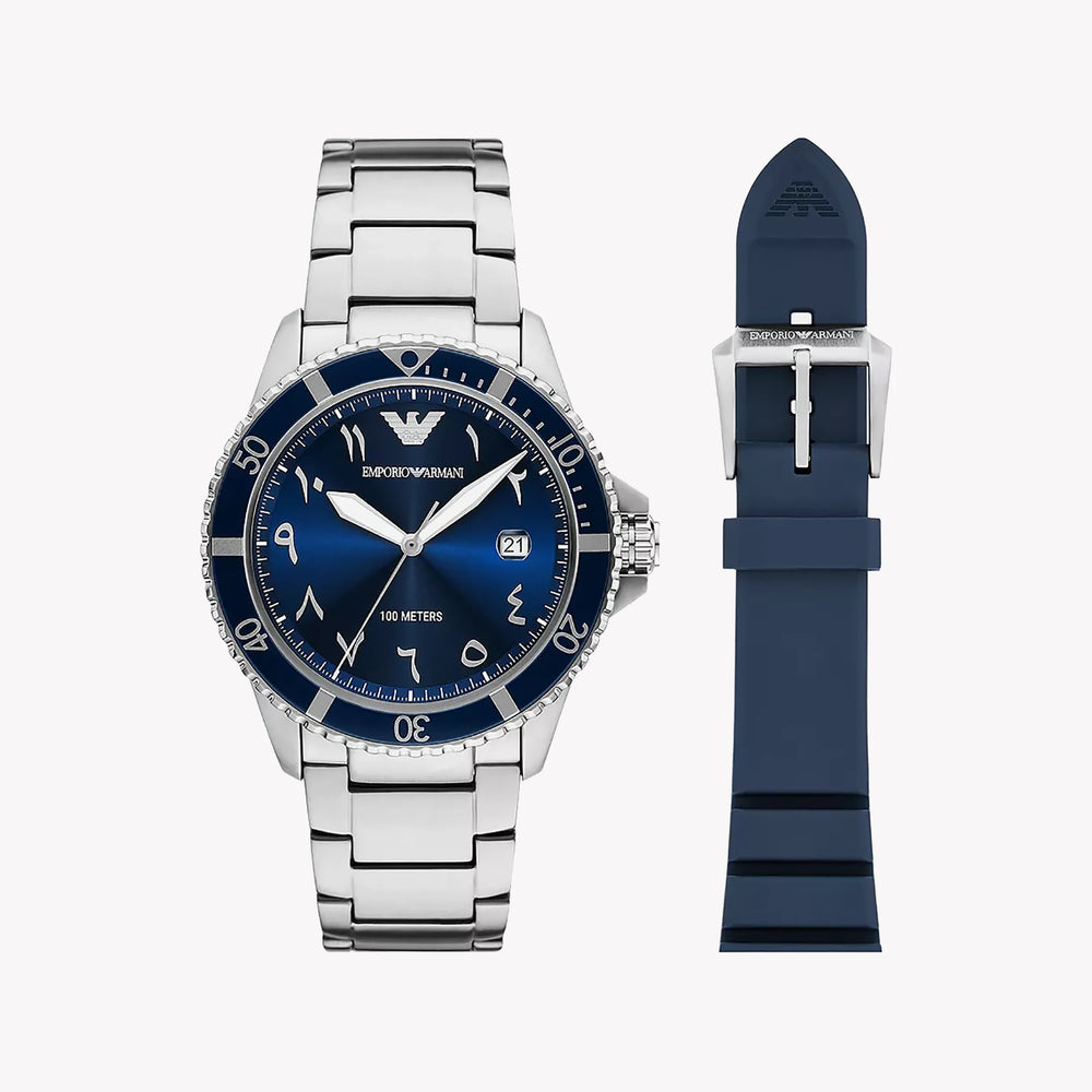 Emporio Armani Men's Silver/Blue Quartz Watch | Ar80076set by i-watch