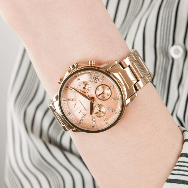 Armani Exchange Chronograph Rose Mother of Pearl Dial Ladies Watch AX4326