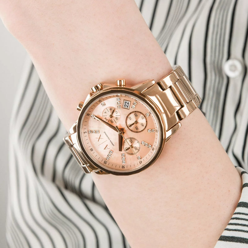 Armani Exchange Chronograph Rose Mother of Pearl Dial Ladies Watch AX4326