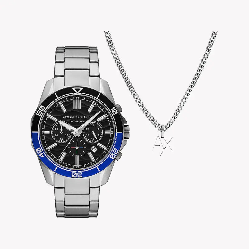 A|X Armani Exchange Men's Silver Watch, Black Dial | Ax7166set