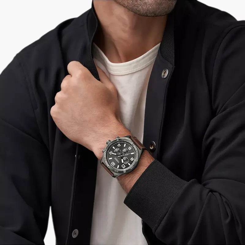 Fossil Men's Black Stainless Steel, Brown Leather | Bq2800