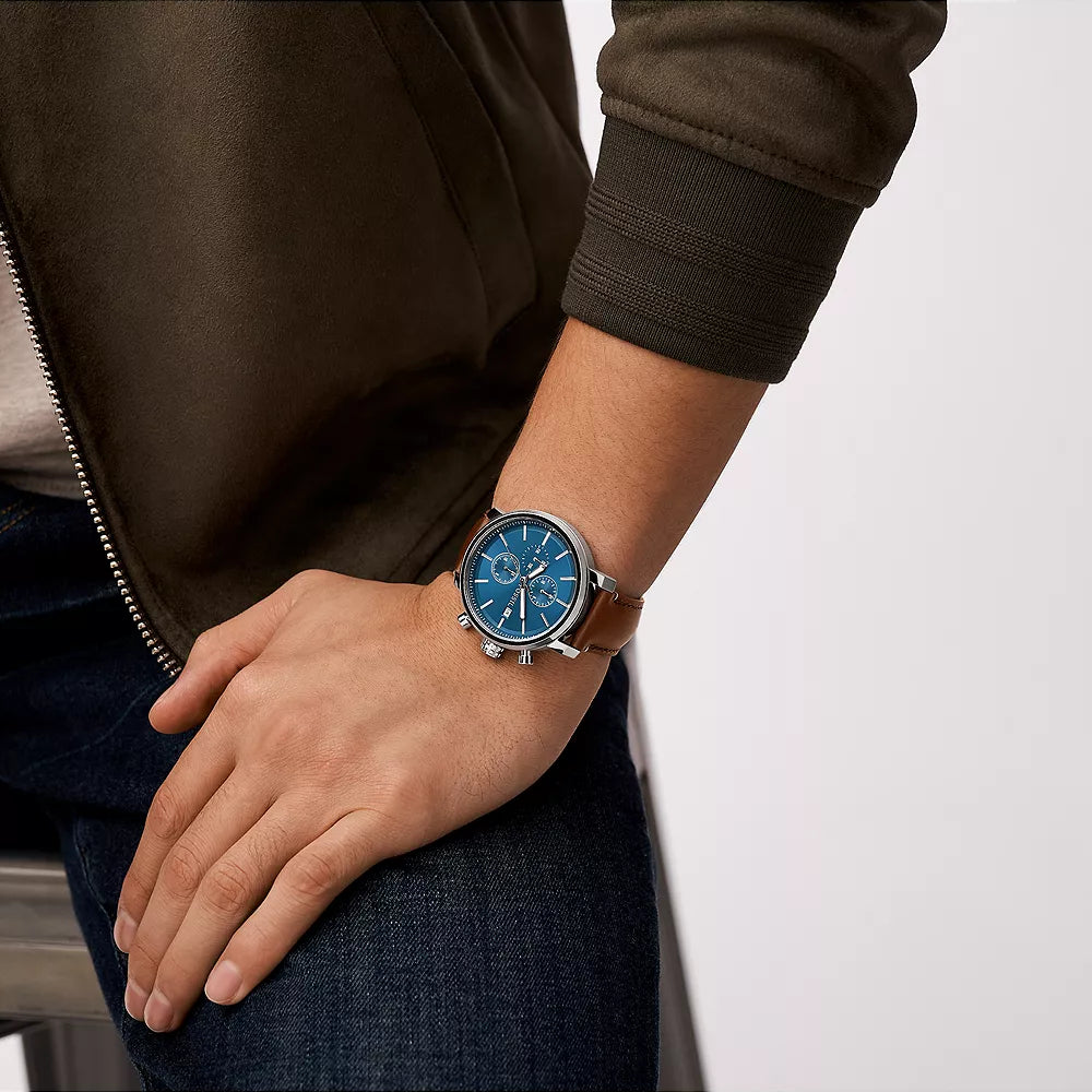 Fossil Men's Silver/Brown, Blue/Leather | Bq2847