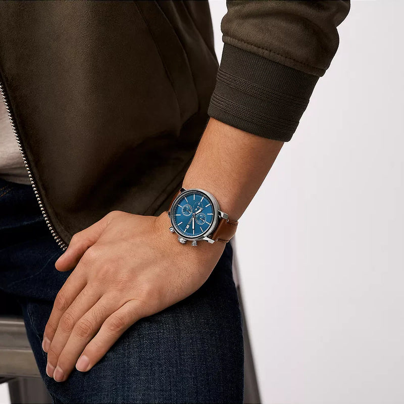 Fossil Men's Silver/Brown, Blue/Leather | Bq2847 by i-watch