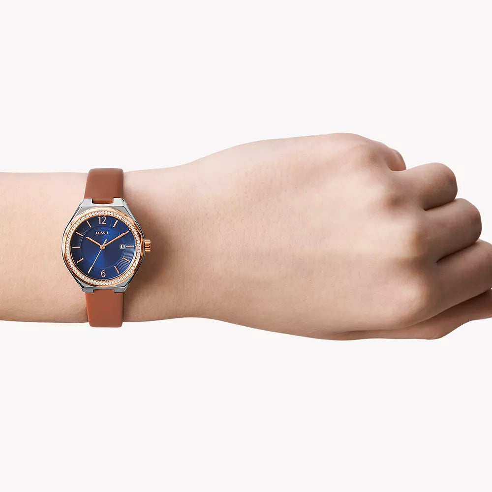 Eevie Three-Hand Date Brown Leather Watch