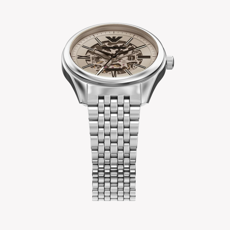 Emporio Armani Men's Silver Watch, Beige Skeleton Dial | AR60095