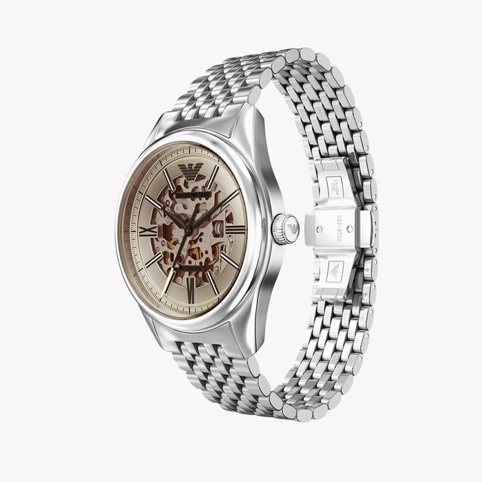 Emporio Armani Men's Silver Watch, Beige Skeleton Dial | AR60095