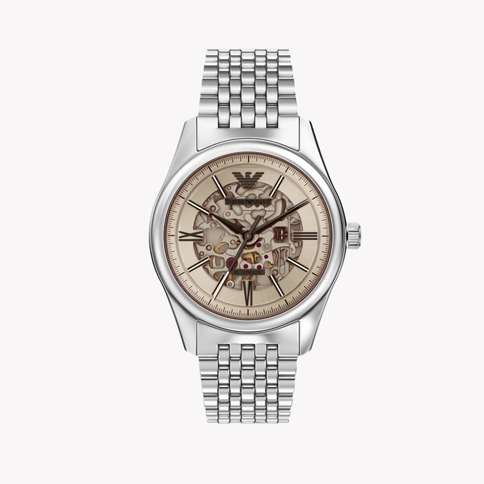 Emporio Armani Men's Silver Watch, Beige Skeleton Dial | AR60095