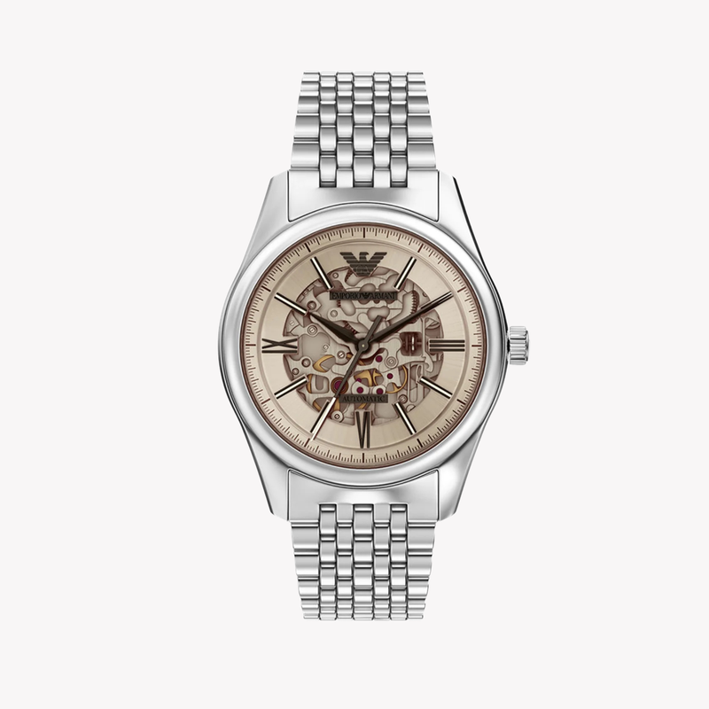 Emporio Armani Men's Silver Watch, Beige Skeleton Dial | AR60095