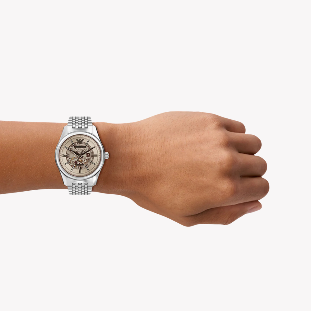 Emporio Armani Men's Silver Watch, Beige Skeleton Dial | AR60095
