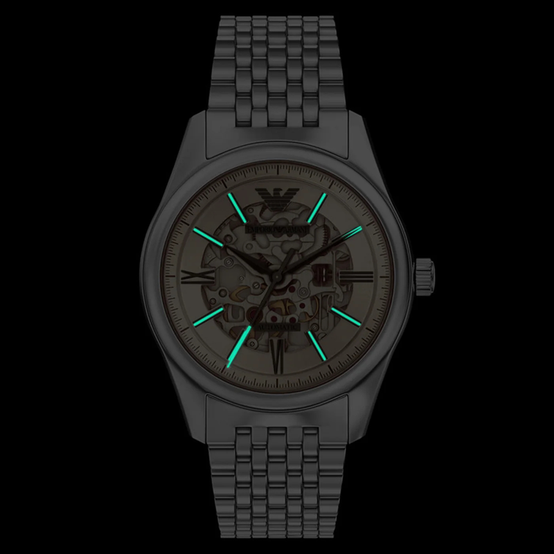 Emporio Armani Men's Silver Watch, Beige Skeleton Dial | AR60095