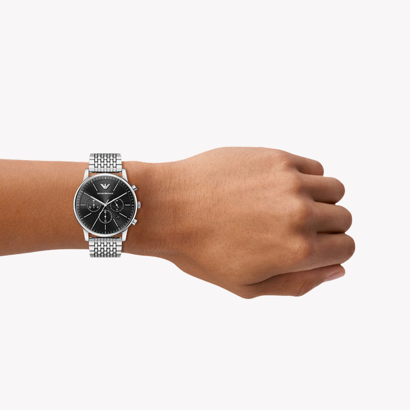 Emporio Armani Men's Silver Watch, Black Dial | AR11772