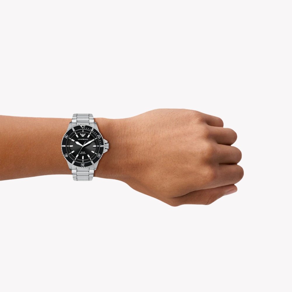 Emporio Armani Men's Silver Watch, Black Sunray Dial | AR11787