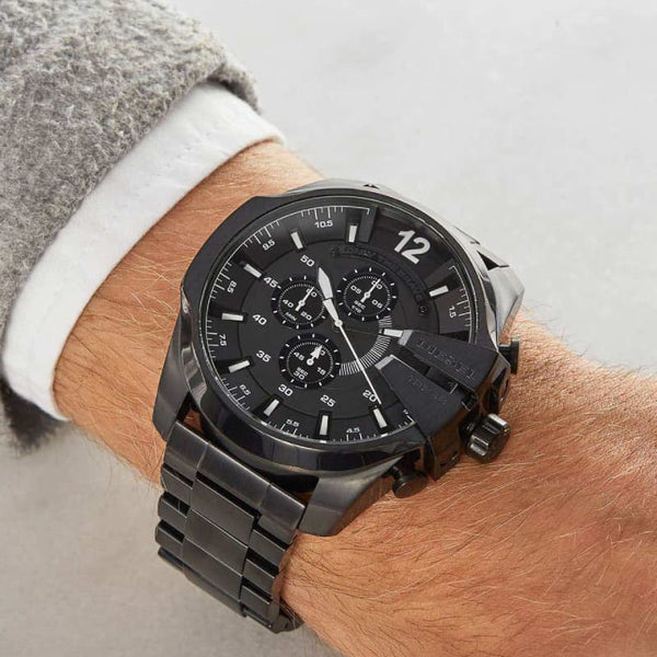 Diesel Mega Chief Chronograph Black Dial Black Steel Strap Watch For Men DZ4355